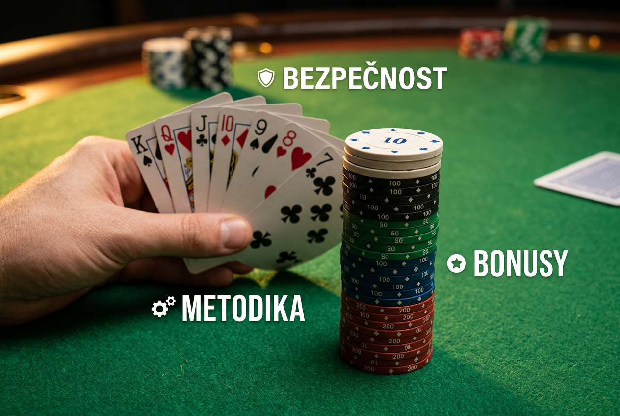 Infografika metodiky hodnocení s pokerovými žetony a kartami