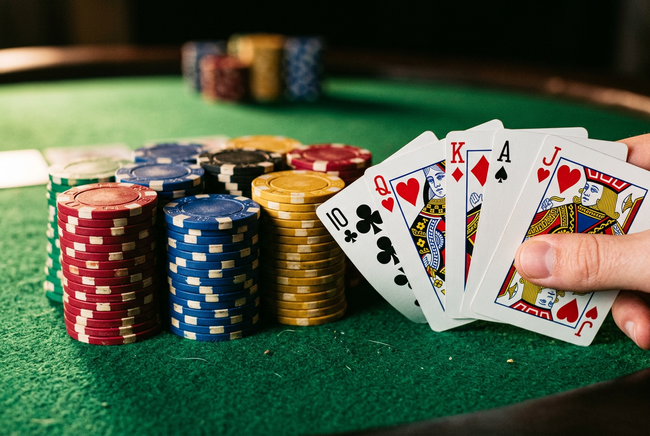 Detailní záběr na barevné pokerové žetony a vějíř karet na zeleném plátně