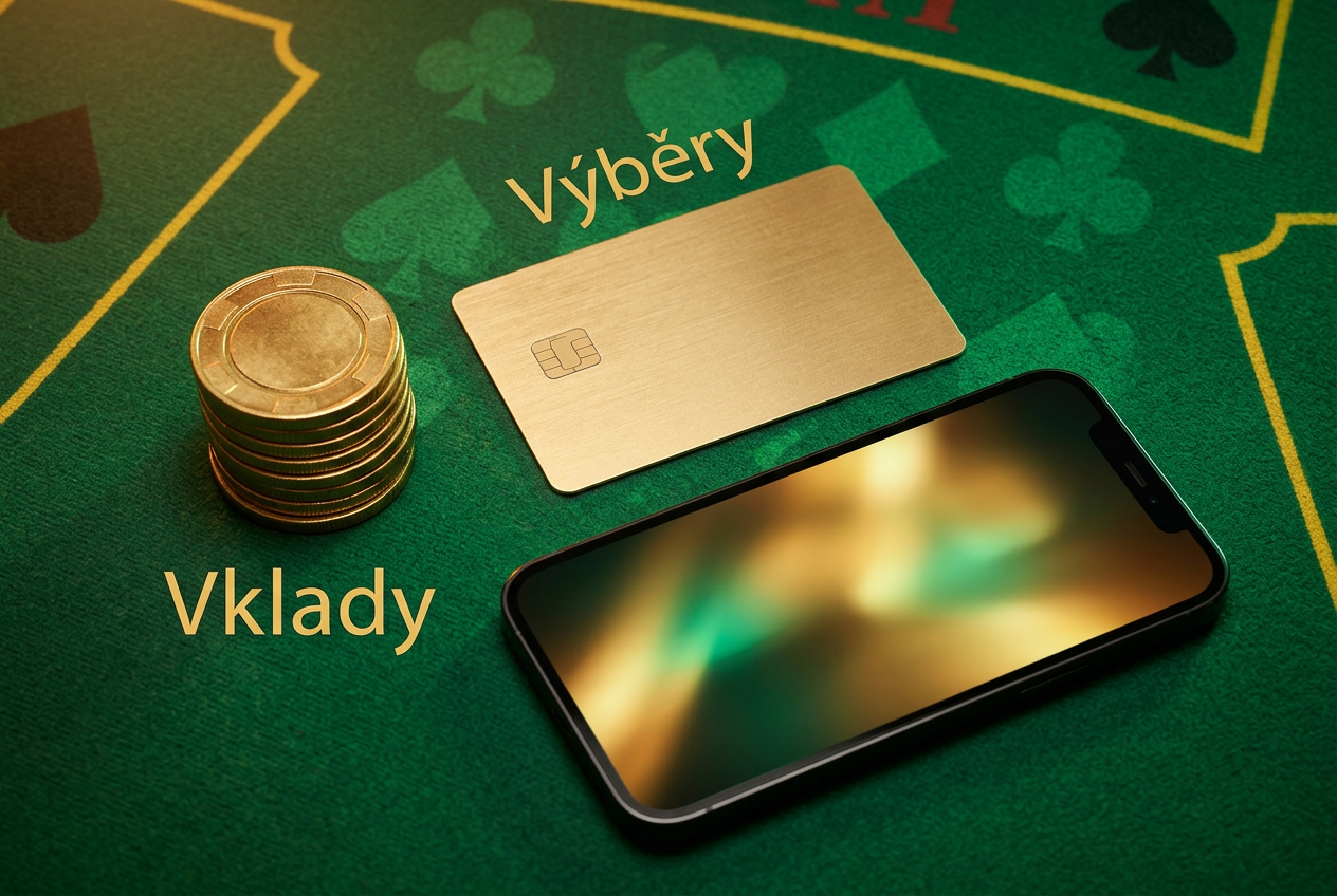 Různé platební symboly a smartphone na kasinovém stole